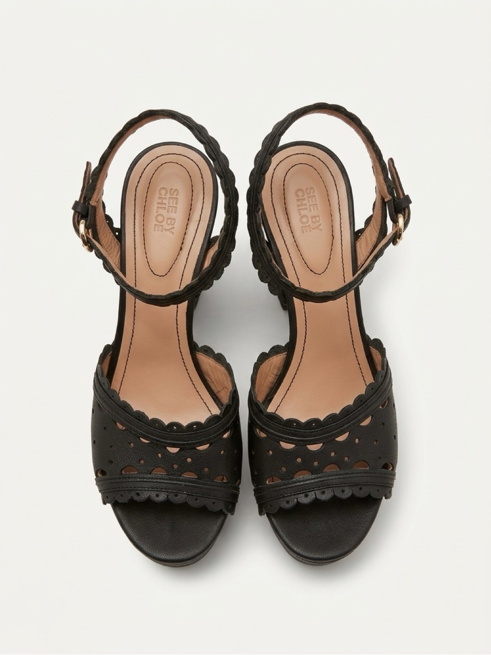 See By Chloe Black Scalloped Cutout Ankle-Strap Heels